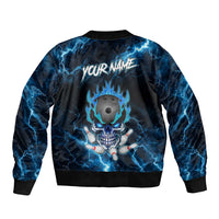 Personalized Bowling Skull Bomber Jacket with Blue Flame Energy and Electric Lightning Strike Pattern - Wonder Print Shop