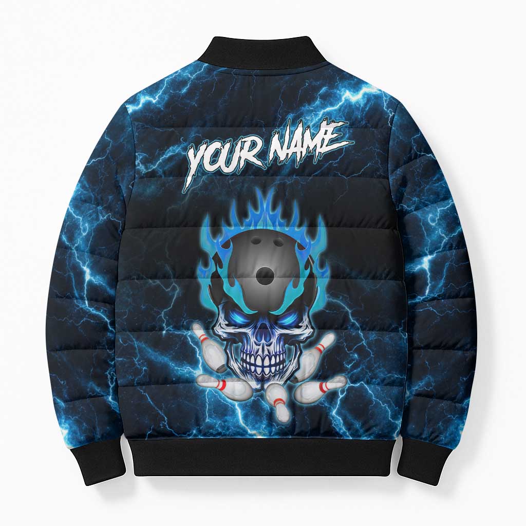 Personalized Bowling Skull Bomber Puffer Jacket with Blue Flame Energy and Electric Lightning Strike Pattern - Wonder Print Shop