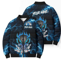 Personalized Bowling Skull Bomber Puffer Jacket with Blue Flame Energy and Electric Lightning Strike Pattern - Wonder Print Shop