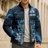 Personalized Bowling Skull Bomber Puffer Jacket with Blue Flame Energy and Electric Lightning Strike Pattern - Wonder Print Shop