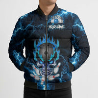 Personalized Bowling Skull Bomber Puffer Jacket with Blue Flame Energy and Electric Lightning Strike Pattern - Wonder Print Shop