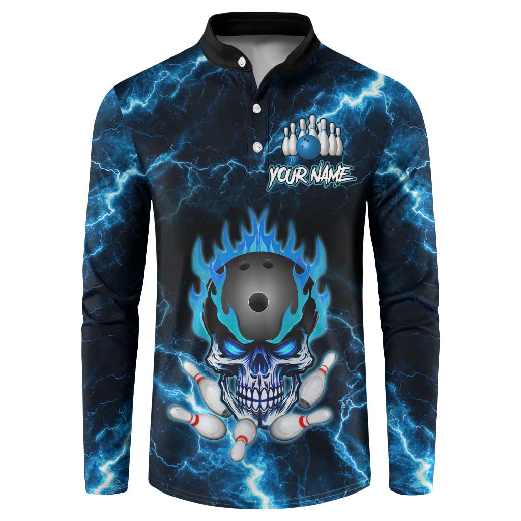 Personalized Bowling Skull Button Sweatshirt with Blue Flame Energy and Electric Lightning Strike Pattern - Wonder Print Shop
