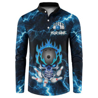 Personalized Bowling Skull Button Sweatshirt with Blue Flame Energy and Electric Lightning Strike Pattern - Wonder Print Shop