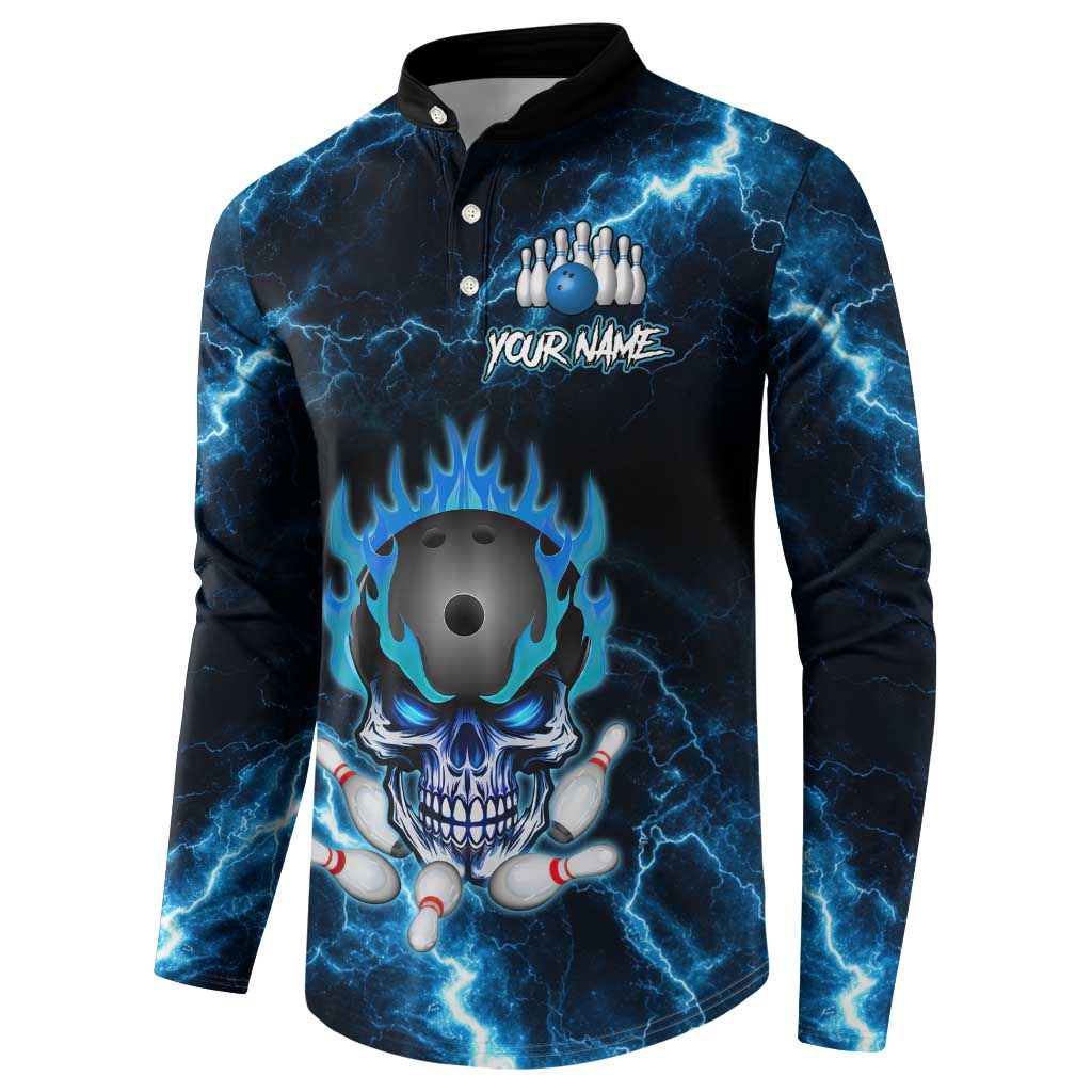 Personalized Bowling Skull Button Sweatshirt with Blue Flame Energy and Electric Lightning Strike Pattern - Wonder Print Shop