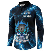 Personalized Bowling Skull Button Sweatshirt with Blue Flame Energy and Electric Lightning Strike Pattern - Wonder Print Shop