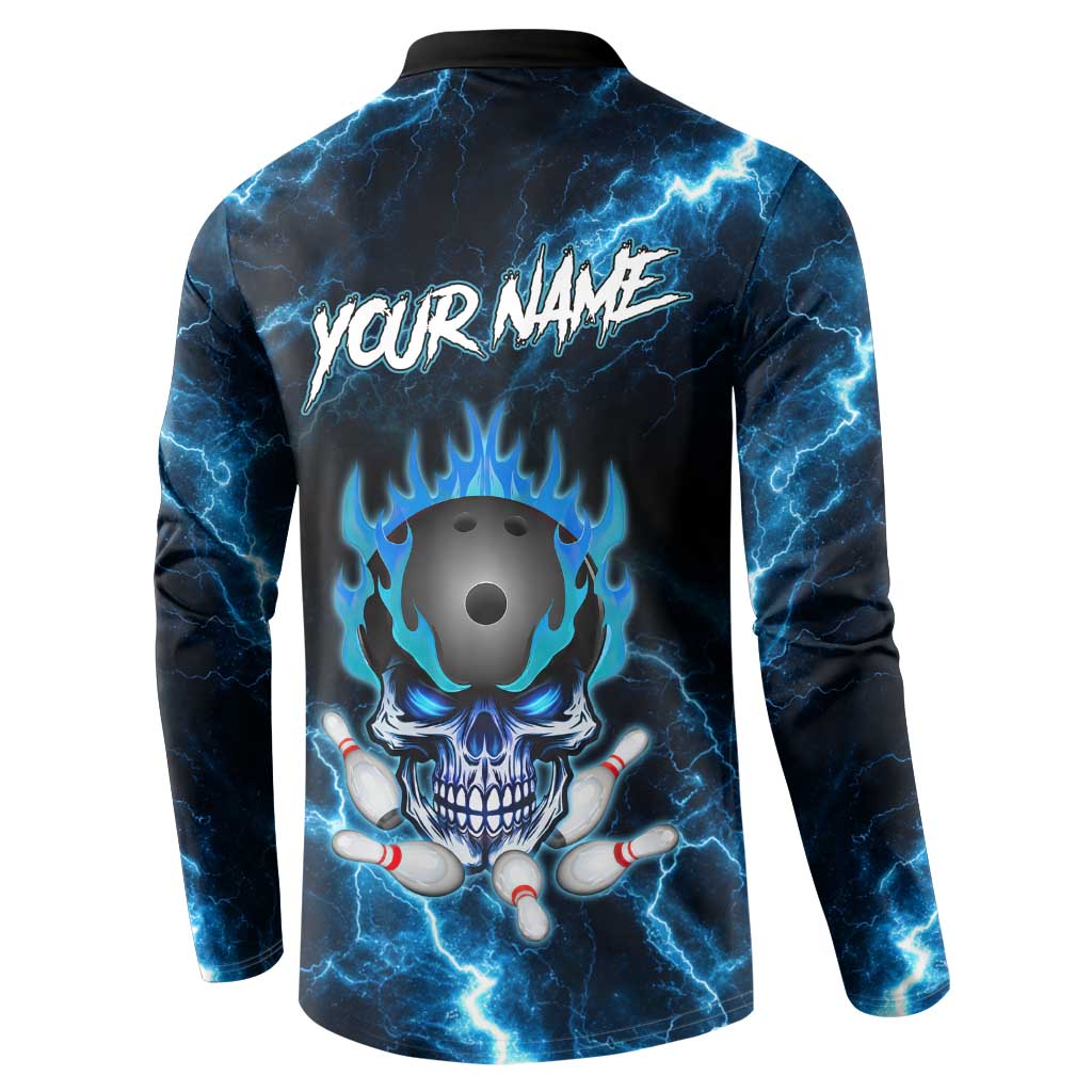 Personalized Bowling Skull Button Sweatshirt with Blue Flame Energy and Electric Lightning Strike Pattern - Wonder Print Shop
