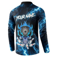 Personalized Bowling Skull Button Sweatshirt with Blue Flame Energy and Electric Lightning Strike Pattern - Wonder Print Shop