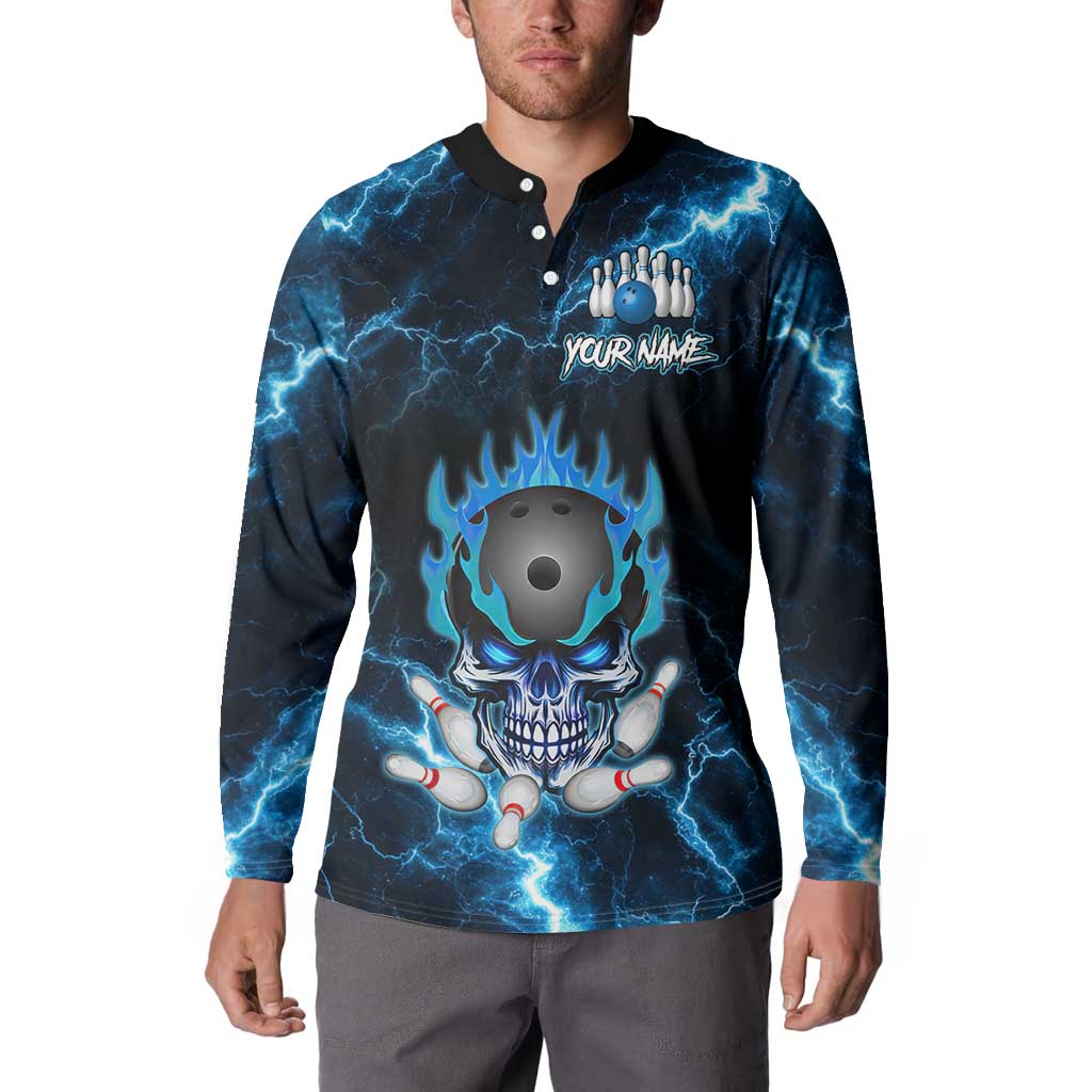 Personalized Bowling Skull Button Sweatshirt with Blue Flame Energy and Electric Lightning Strike Pattern - Wonder Print Shop