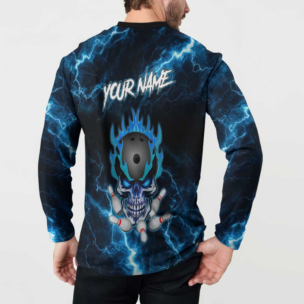Personalized Bowling Skull Button Sweatshirt with Blue Flame Energy and Electric Lightning Strike Pattern - Wonder Print Shop