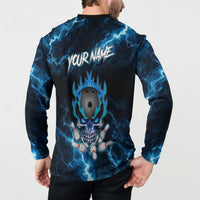 Personalized Bowling Skull Button Sweatshirt with Blue Flame Energy and Electric Lightning Strike Pattern - Wonder Print Shop