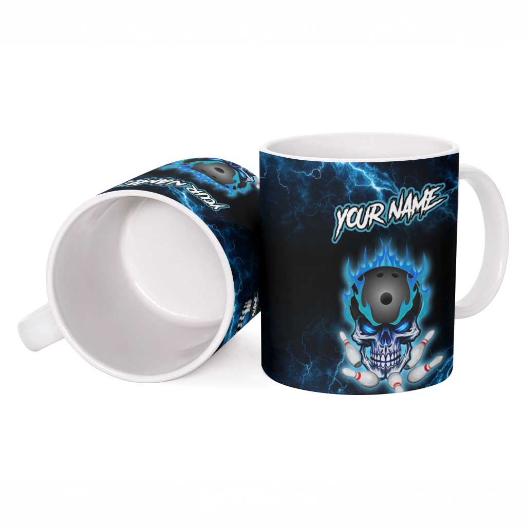 Personalized Bowling Skull Ceramic Mug with Blue Flame Energy and Electric Lightning Strike Pattern - Wonder Print Shop
