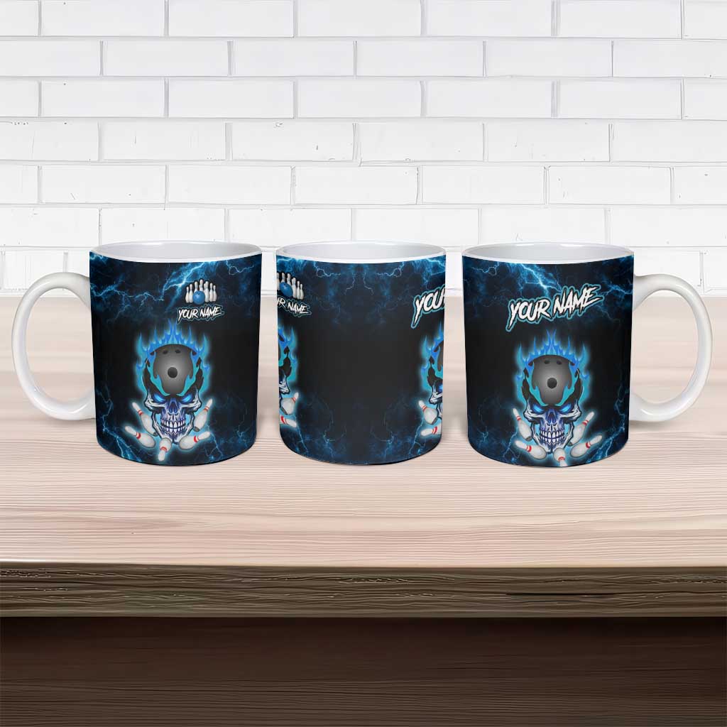 Personalized Bowling Skull Ceramic Mug with Blue Flame Energy and Electric Lightning Strike Pattern - Wonder Print Shop