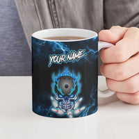 Personalized Bowling Skull Ceramic Mug with Blue Flame Energy and Electric Lightning Strike Pattern - Wonder Print Shop