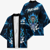 Personalized Bowling Skull Kimono with Blue Flame Energy and Electric Lightning Strike Pattern - Wonder Print Shop