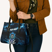 Personalized Bowling Skull Leather Bag with Blue Flame Energy and Electric Lightning Strike Pattern - Wonder Print Shop