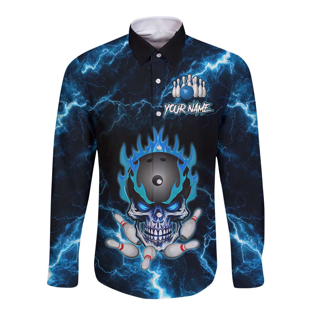 Personalized Bowling Skull Long Sleeve Button Shirt with Blue Flame Energy and Electric Lightning Strike Pattern - Wonder Print Shop