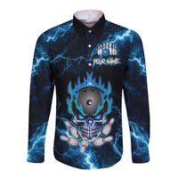 Personalized Bowling Skull Long Sleeve Button Shirt with Blue Flame Energy and Electric Lightning Strike Pattern - Wonder Print Shop
