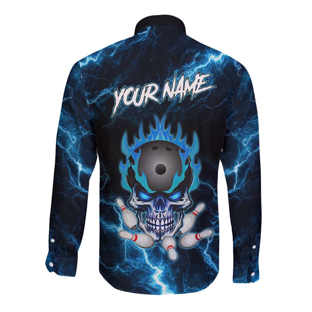Personalized Bowling Skull Long Sleeve Button Shirt with Blue Flame Energy and Electric Lightning Strike Pattern - Wonder Print Shop