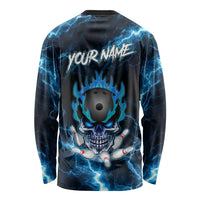Personalized Bowling Skull Long Sleeve Shirt with Blue Flame Energy and Electric Lightning Strike Pattern - Wonder Print Shop