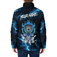 Personalized Bowling Skull Padded Jacket with Blue Flame Energy and Electric Lightning Strike Pattern - Wonder Print Shop