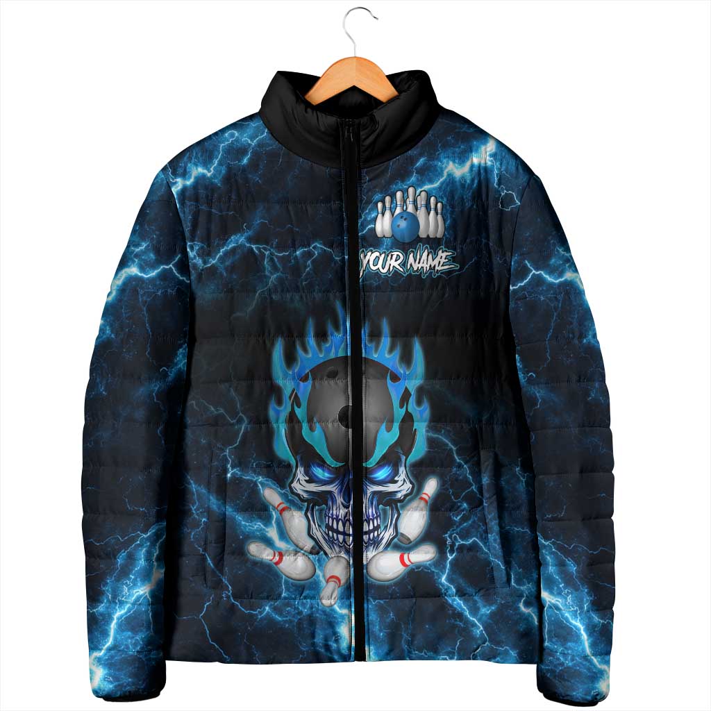Personalized Bowling Skull Padded Jacket with Blue Flame Energy and Electric Lightning Strike Pattern - Wonder Print Shop
