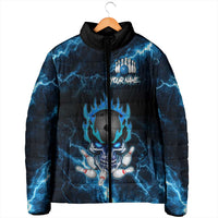 Personalized Bowling Skull Padded Jacket with Blue Flame Energy and Electric Lightning Strike Pattern - Wonder Print Shop