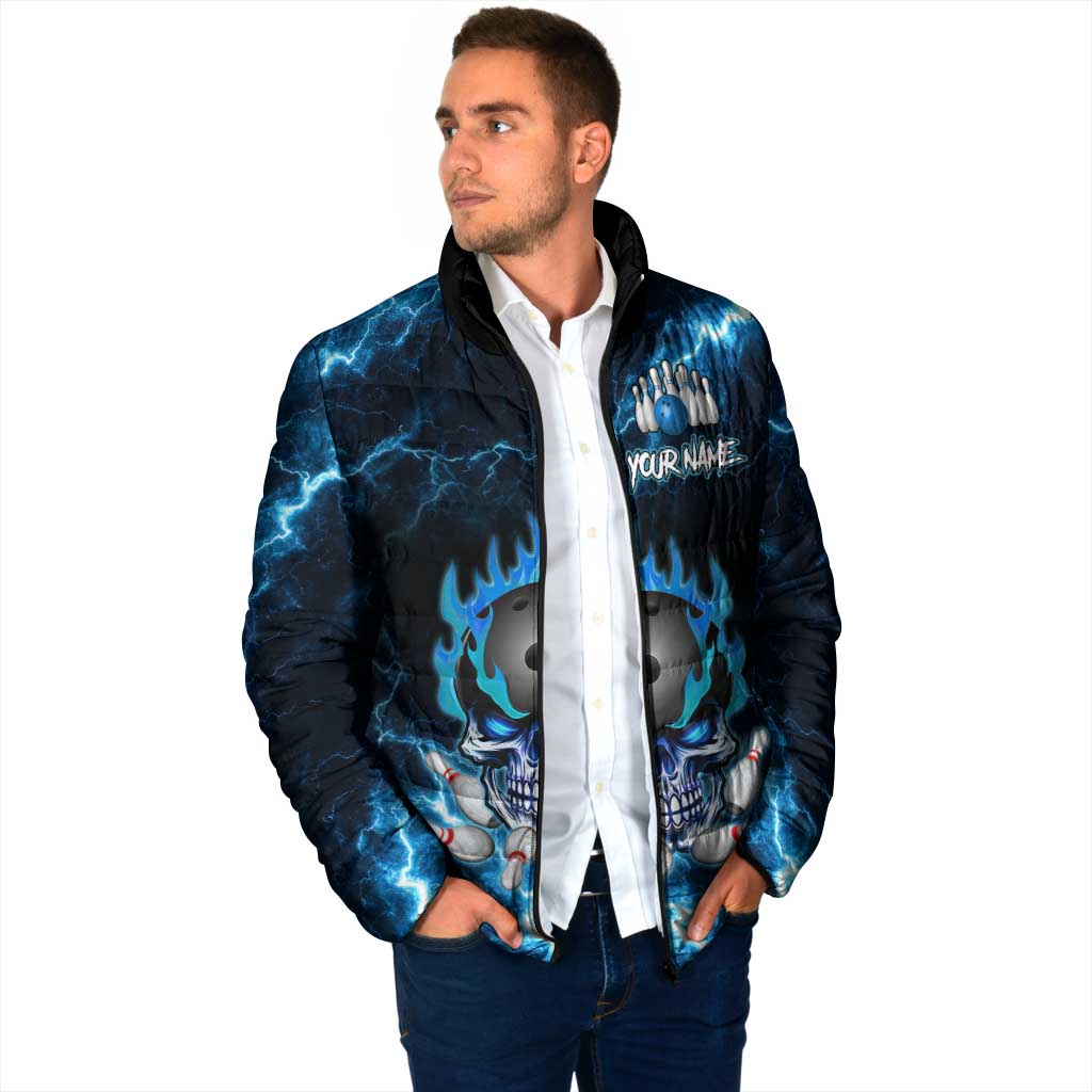 Personalized Bowling Skull Padded Jacket with Blue Flame Energy and Electric Lightning Strike Pattern - Wonder Print Shop