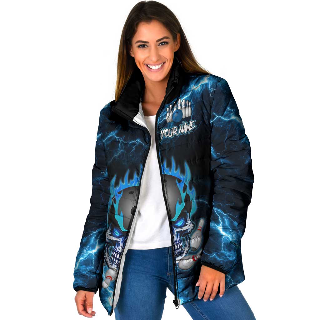Personalized Bowling Skull Padded Jacket with Blue Flame Energy and Electric Lightning Strike Pattern - Wonder Print Shop
