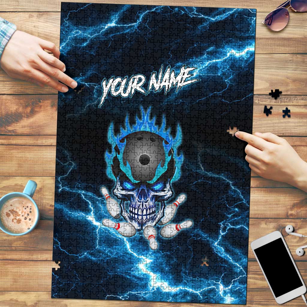 Personalized Bowling Skull Puzzle with Blue Flame Energy and Electric Lightning Strike Pattern - Wonder Print Shop