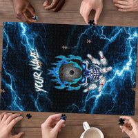 Personalized Bowling Skull Puzzle with Blue Flame Energy and Electric Lightning Strike Pattern - Wonder Print Shop