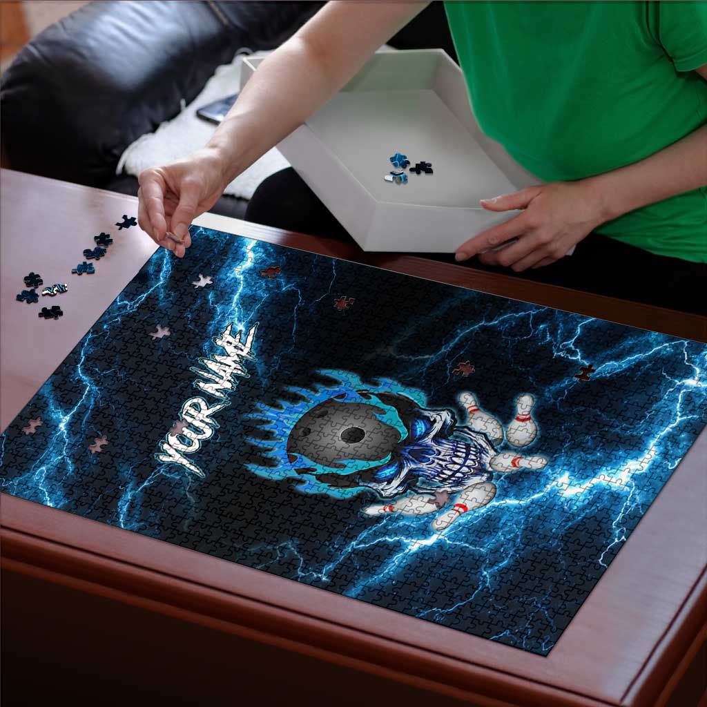 Personalized Bowling Skull Puzzle with Blue Flame Energy and Electric Lightning Strike Pattern - Wonder Print Shop