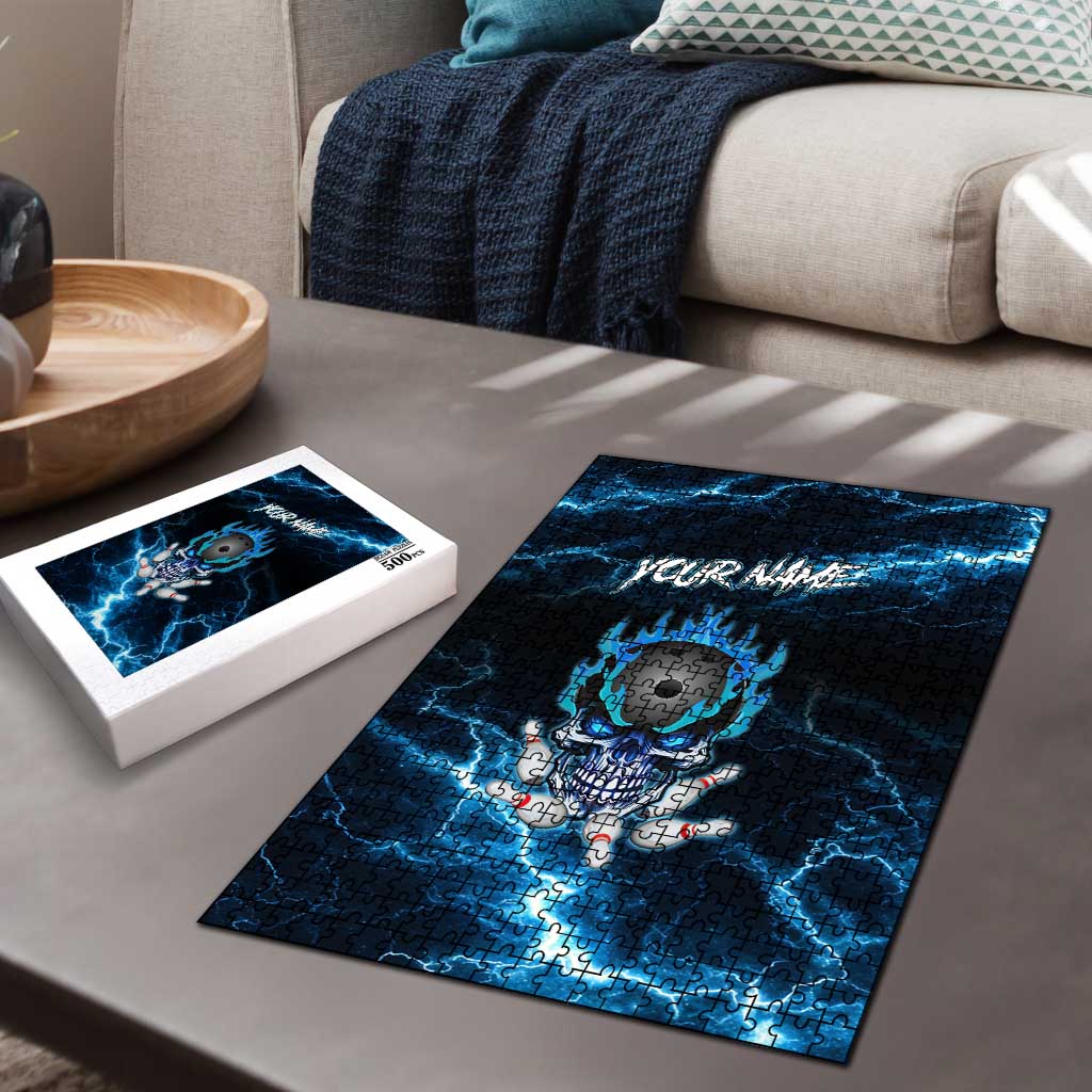 Personalized Bowling Skull Puzzle with Blue Flame Energy and Electric Lightning Strike Pattern - Wonder Print Shop