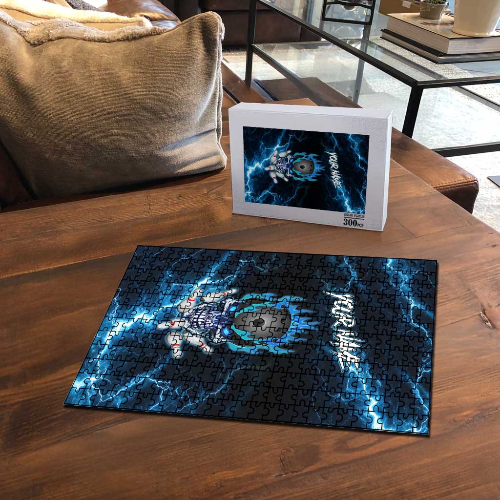 Personalized Bowling Skull Puzzle with Blue Flame Energy and Electric Lightning Strike Pattern - Wonder Print Shop