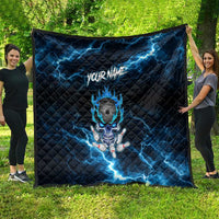 Personalized Bowling Skull Quilt with Blue Flame Energy and Electric Lightning Strike Pattern - Wonder Print Shop