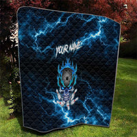 Personalized Bowling Skull Quilt with Blue Flame Energy and Electric Lightning Strike Pattern - Wonder Print Shop