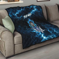 Personalized Bowling Skull Quilt with Blue Flame Energy and Electric Lightning Strike Pattern - Wonder Print Shop