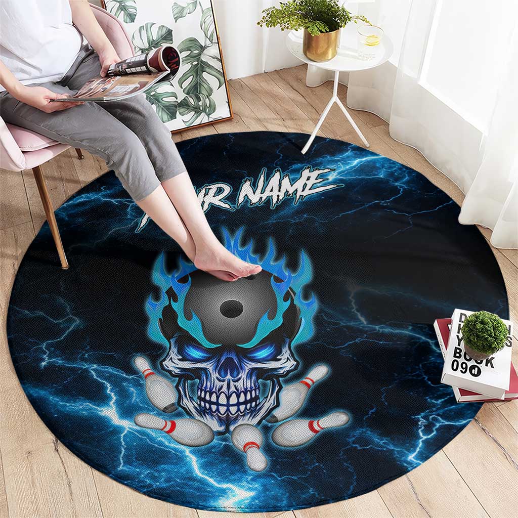 Personalized Bowling Skull Round Carpet with Blue Flame Energy and Electric Lightning Strike Pattern - Wonder Print Shop