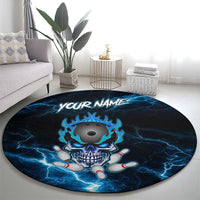 Personalized Bowling Skull Round Carpet with Blue Flame Energy and Electric Lightning Strike Pattern - Wonder Print Shop