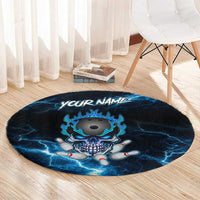 Personalized Bowling Skull Round Carpet with Blue Flame Energy and Electric Lightning Strike Pattern - Wonder Print Shop
