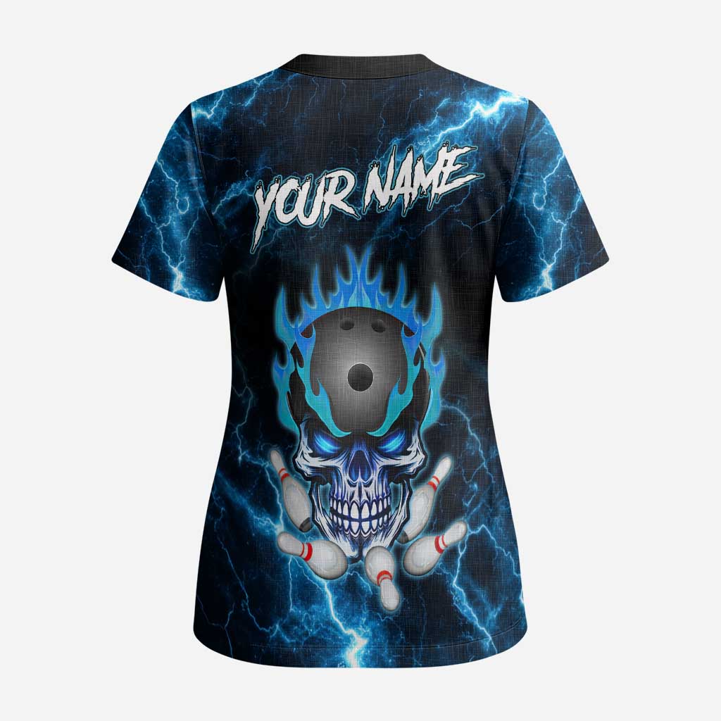Personalized Bowling Skull Scrub Top with Blue Flame Energy and Electric Lightning Strike Pattern - Wonder Print Shop