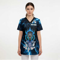 Personalized Bowling Skull Scrub Top with Blue Flame Energy and Electric Lightning Strike Pattern - Wonder Print Shop