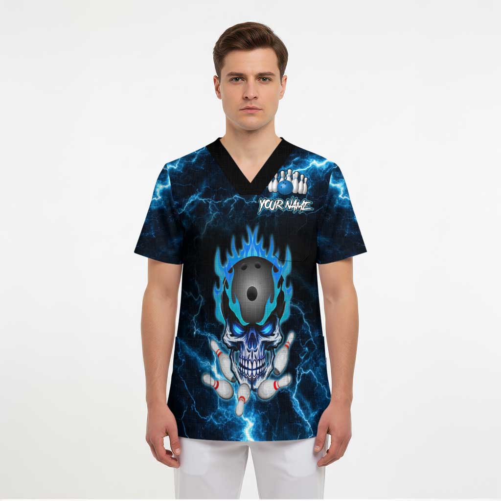 Personalized Bowling Skull Scrub Top with Blue Flame Energy and Electric Lightning Strike Pattern - Wonder Print Shop