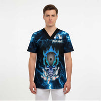 Personalized Bowling Skull Scrub Top with Blue Flame Energy and Electric Lightning Strike Pattern - Wonder Print Shop