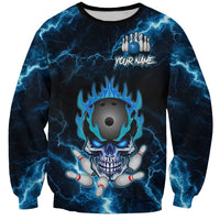Personalized Bowling Skull Sweatshirt with Blue Flame Energy and Electric Lightning Strike Pattern - Wonder Print Shop