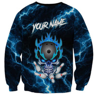Personalized Bowling Skull Sweatshirt with Blue Flame Energy and Electric Lightning Strike Pattern - Wonder Print Shop
