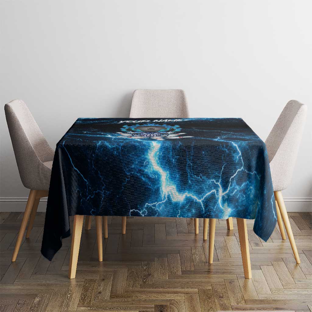 Personalized Bowling Skull Tablecloth with Blue Flame Energy and Electric Lightning Strike Pattern - Wonder Print Shop