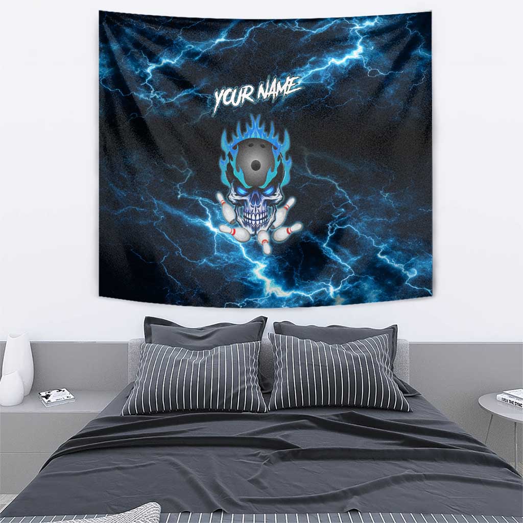 Personalized Bowling Skull Tapestry with Blue Flame Energy and Electric Lightning Strike Pattern - Wonder Print Shop