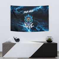 Personalized Bowling Skull Tapestry with Blue Flame Energy and Electric Lightning Strike Pattern - Wonder Print Shop