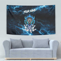 Personalized Bowling Skull Tapestry with Blue Flame Energy and Electric Lightning Strike Pattern - Wonder Print Shop
