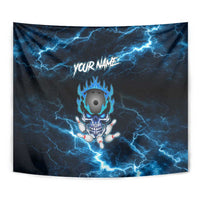 Personalized Bowling Skull Tapestry with Blue Flame Energy and Electric Lightning Strike Pattern - Wonder Print Shop